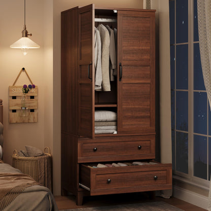GarveeHome Armoire Wardrobe Closet with 2 Drawers,72 in Wooden Wardrobe Cabinet with Hanging Rod, Tall Clothing Armoire Cabinet with Doors and 18 Adjustable Shelves for Bedroom, Clothes, Rustic White