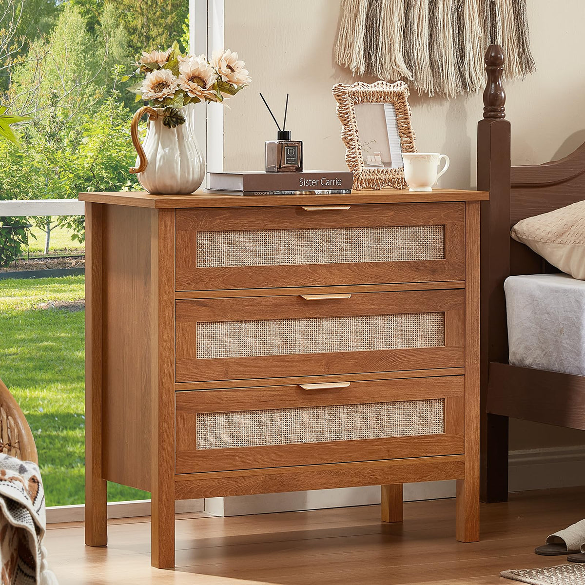 LEYAOYAO 26.8" Wide Rattan Nightstand, Large Boho 3 Drawer Night Stand