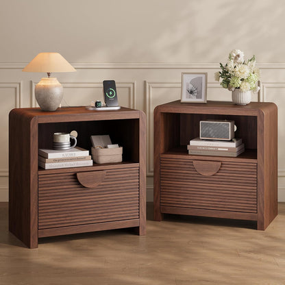 23" Wide Fluted Nightstands Set of 2 with Charging Station, Wood Bedside Tables with Drawer and Open Compartment, Mid Century End Tables for Bedroom, Home Office, Walnut