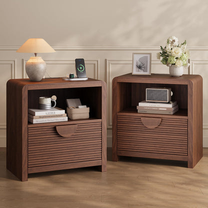 23" Wide Fluted Nightstands Set of 2 with Charging Station, Wood Bedside Tables with Drawer and Open Compartment, Mid Century End Tables for Bedroom, Home Office, Walnut