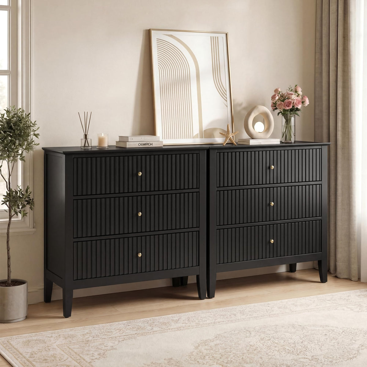 RoyalCraft 6 Drawer Dresser, Fluted Modern Wood Chest of Drawers, Long Dresser for Bedroom TV Stand Storage Cabinet for Living Room, Blue