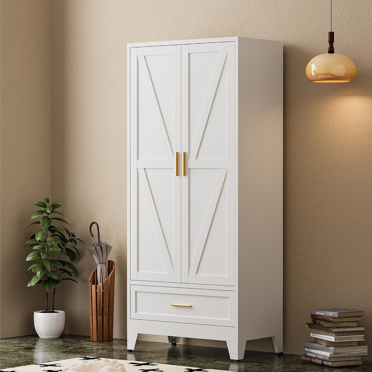 COFaR Wardrobe Closet, 71” Tall Metal Armoire with Hanging Rod, Adjustable Shelf & Drawer, Freestanding Steel Clothing Storage Cabinet with Doors for Bedroom, Office, Apartment (White)