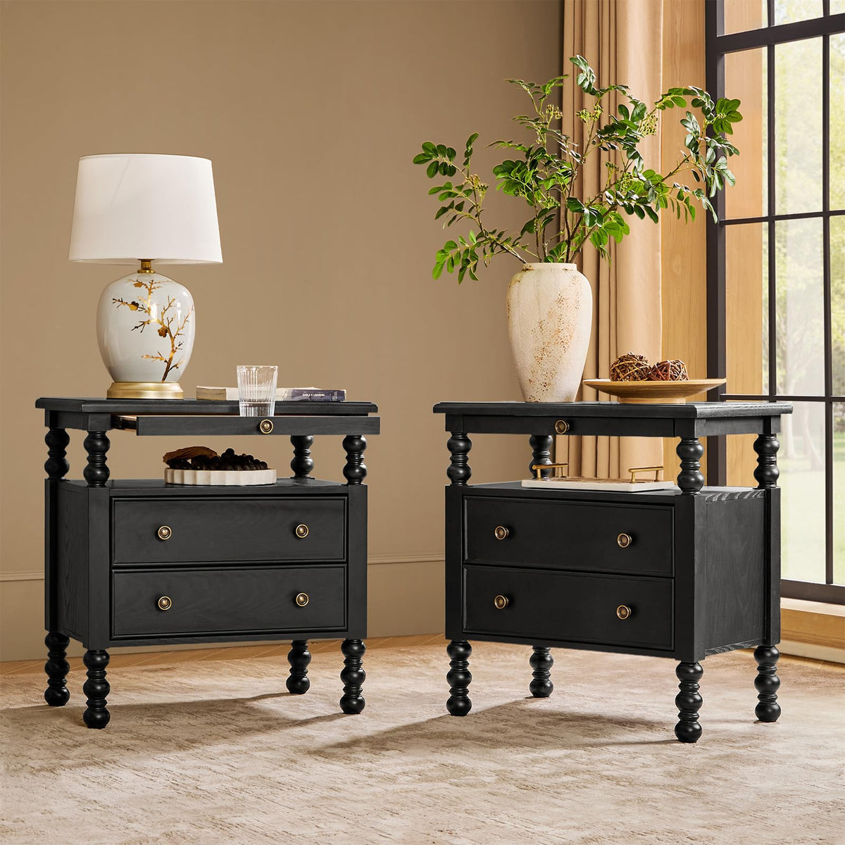 HULALA HOME 26" End Tables Set of 2 with Charging Station, Transitional 2 Drawer Wood Endtables with Pull-Out Shelf and Open Storage Space, Large Side Tables with Solid Wood Spindle Legs, Walnut