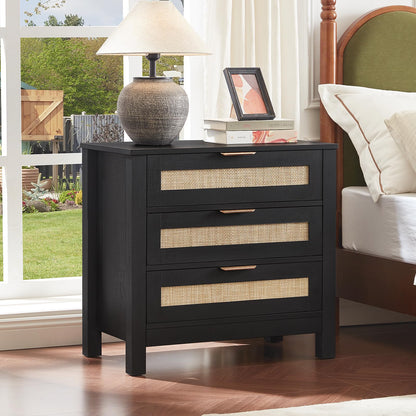 LEYAOYAO 26.8" Wide Rattan Nightstand, Large Boho 3 Drawer Night Stand