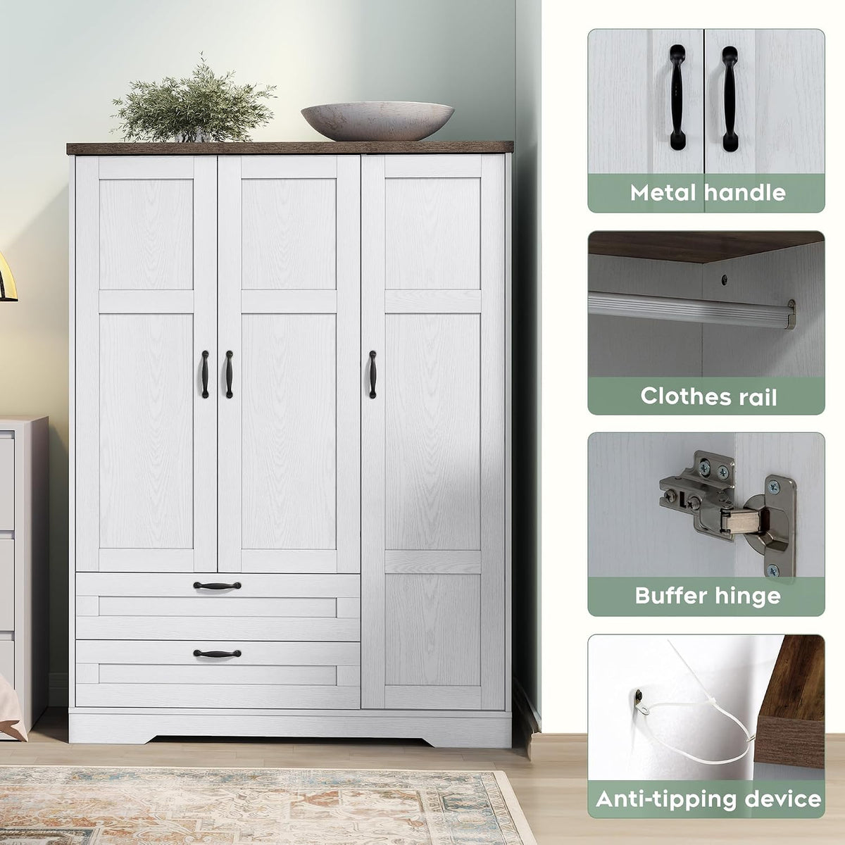 XIAO WEI Armoire Wardrobe Closet with 3 Door, Bedroom Wooden Armoires with Full Length Mirror, Large Clothing Storage Cabinet 2 Drawers, Hanging Rod, Shelves (White, 3 Door)