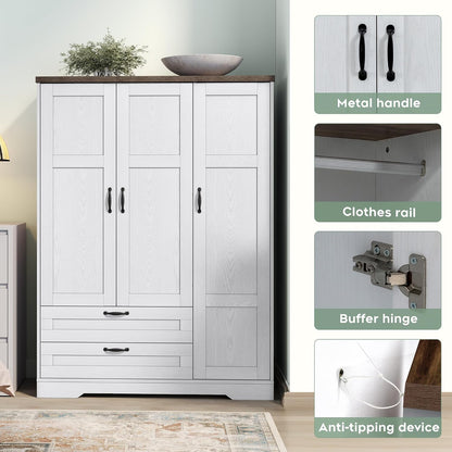 XIAO WEI Armoire Wardrobe Closet with 3 Door, Bedroom Wooden Armoires with Full Length Mirror, Large Clothing Storage Cabinet 2 Drawers, Hanging Rod, Shelves (White, 3 Door)