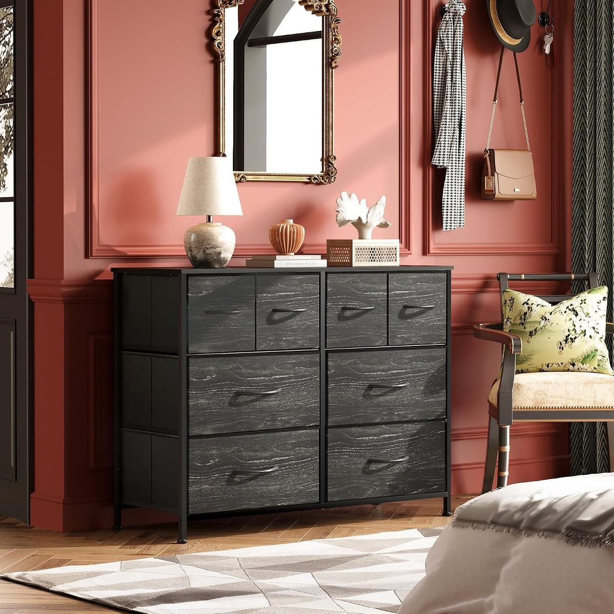 WLIVE Wide Dresser for Bedroom, 8 Drawer Chest of Drawers, Black Wood Grain