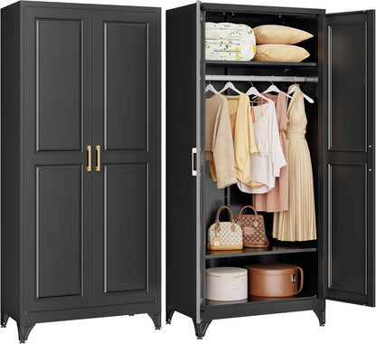 71" Black Metal Armoire Wardrobe Closet with Panel Doors