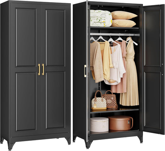 71" Black Metal Armoire Wardrobe Closet with Panel Doors