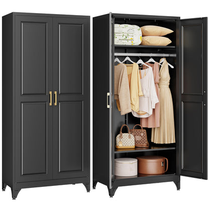 71" Black Metal Armoire Wardrobe Closet with Panel Doors