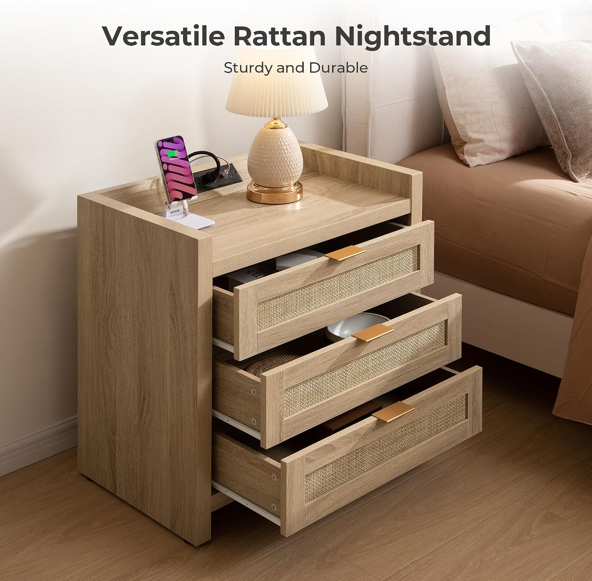 SICOTAS Rattan Nightstands Set of 2, Tall Bedside Table with 3 Drawers