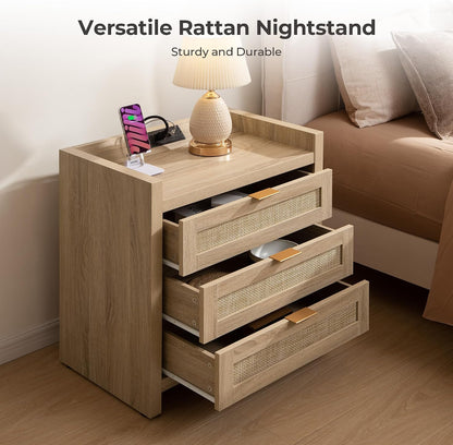 SICOTAS Rattan Nightstands Set of 2, Tall Bedside Table with 3 Drawers