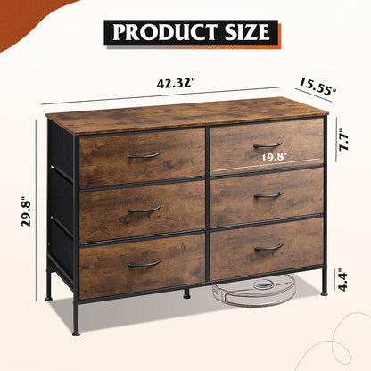 WLIVE Dresser for Bedroom with 6 Fabric Drawers, Rustic Brown