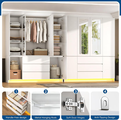75" Tall Modern Wardrobe Closet with 2 Mirrors,LED Lights, 63"W Armoire Wardrobe Cabinet with 3 Drawers, Hanging Rod,Shelves, Freestanding Bedroom Storage Closet, Wooden Clothing Organizer, White