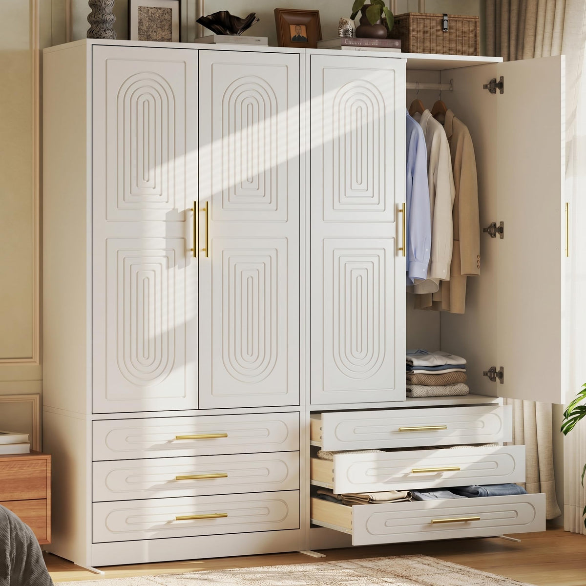 4 Doors Armoire Wardrobe Closet with Drawer & Doors, 71 inch Tall Wardrobe