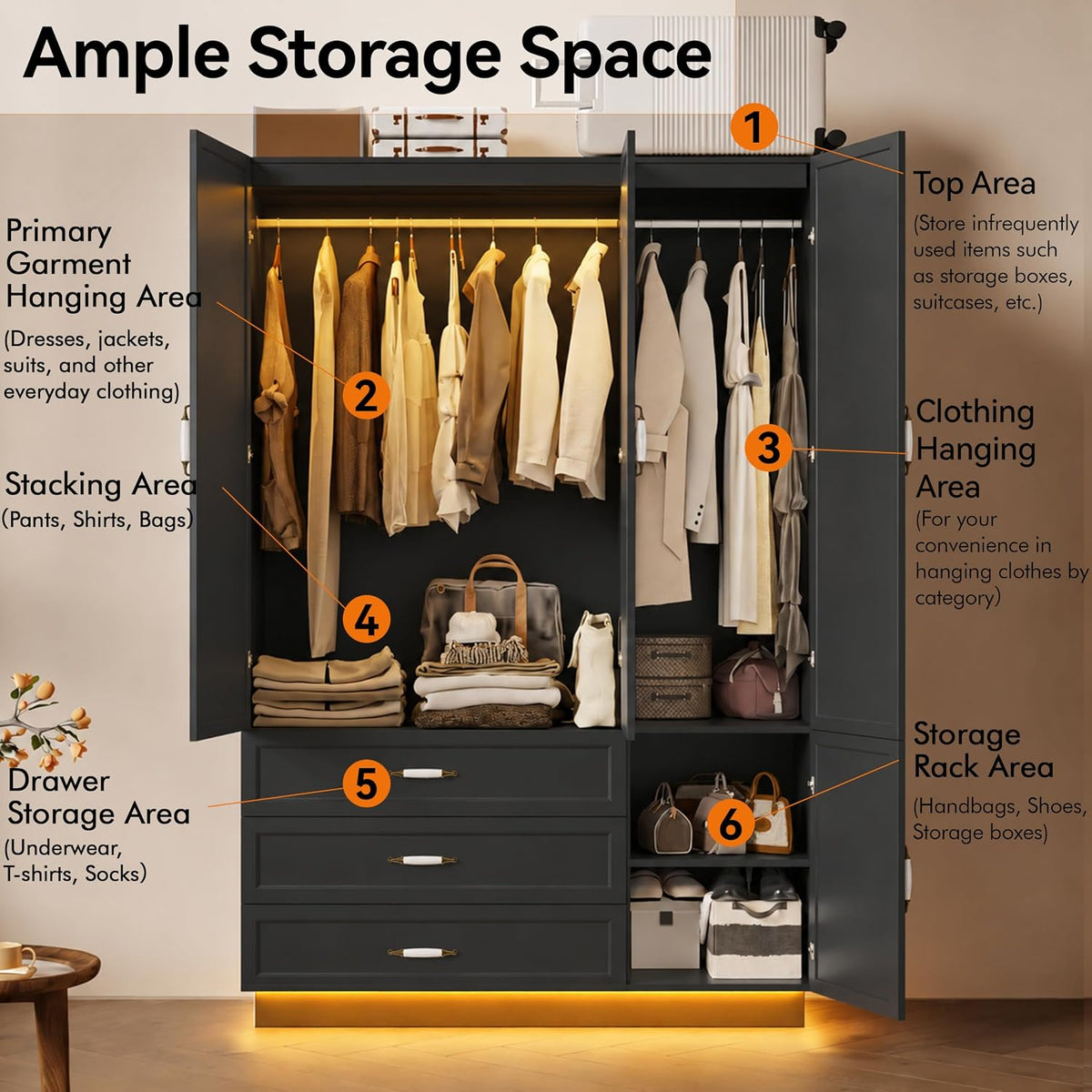 72" Wooden Armoire Wardrobe Closet with 3 Door Black Bedroom Armoire with LED Light 3 Drawers Large Modern Wardrobe Cabinet with Retro Ceramic Door Handles and Removable Hanging Rod