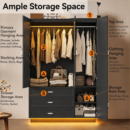 72" Wooden Armoire Wardrobe Closet with 3 Door Black Bedroom Armoire with LED Light 3 Drawers Large Modern Wardrobe Cabinet with Retro Ceramic Door Handles and Removable Hanging Rod
