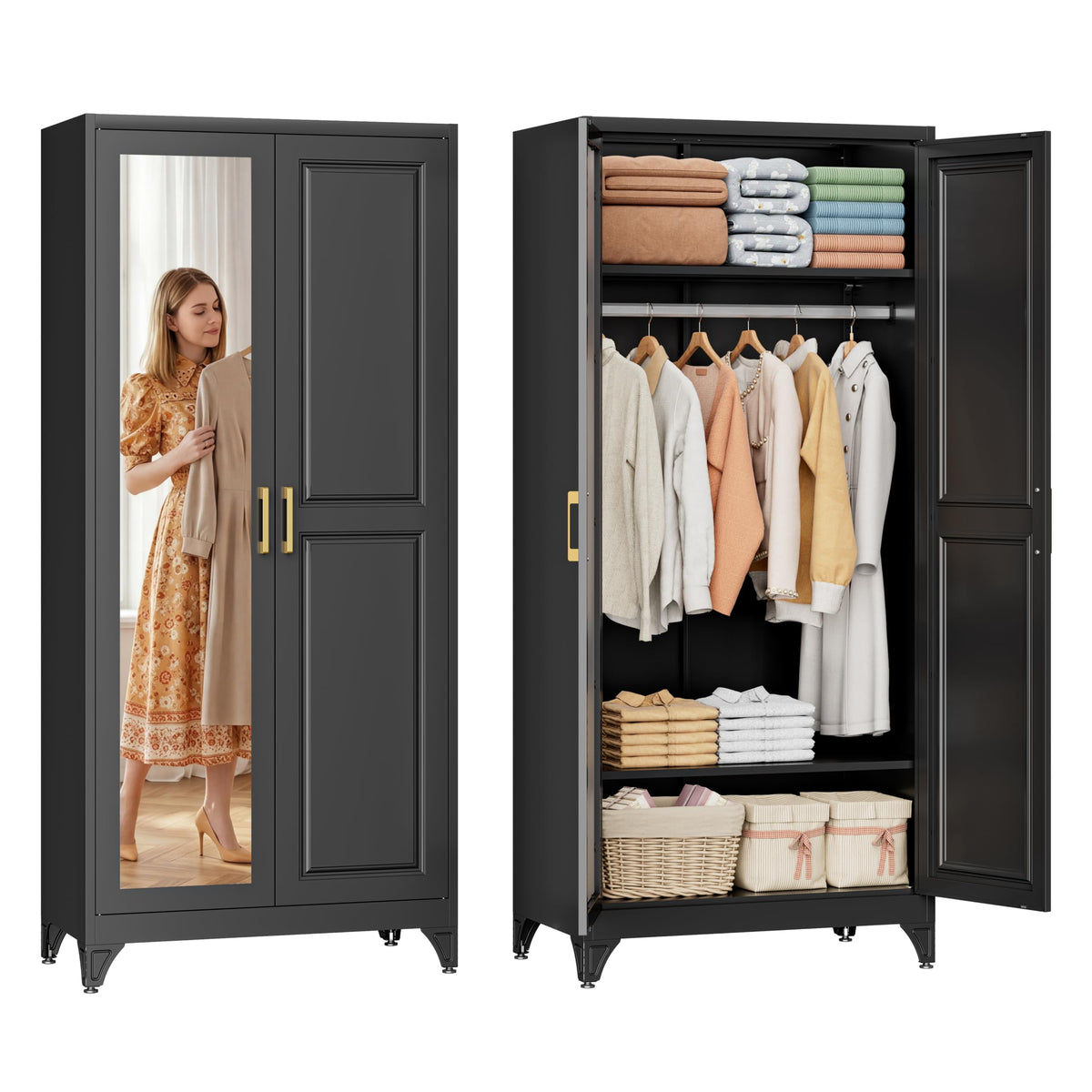SteeLoong Metal Wardrobe Cabinet,Armoire Wardrobe Closet with Hanging Rod
