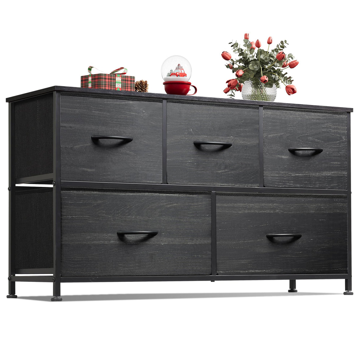 WLIVE Wide Dresser for Bedroom, 5 Drawer Chest of Drawers, Dark Grey