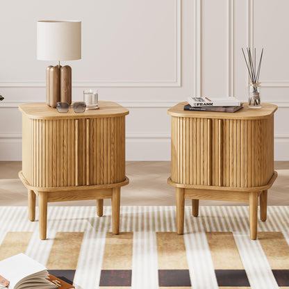 MAISONARIA Walnut Nightstands Set of 2, Mid Century Modern Bedside Table with Hidden Handles and Wood Legs, Wooden End Table with 2 Drawers for Bedroom