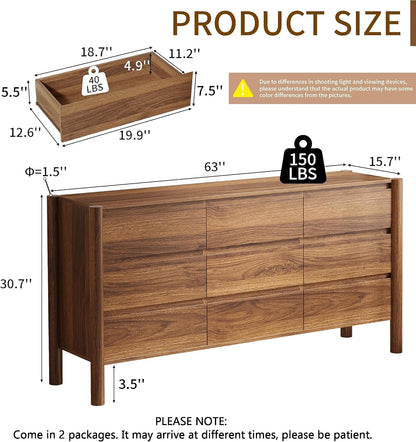 CHUWELL 63" Wide Walnut 9 Drawer Dresser for Bedroom with Solid Wood Legs