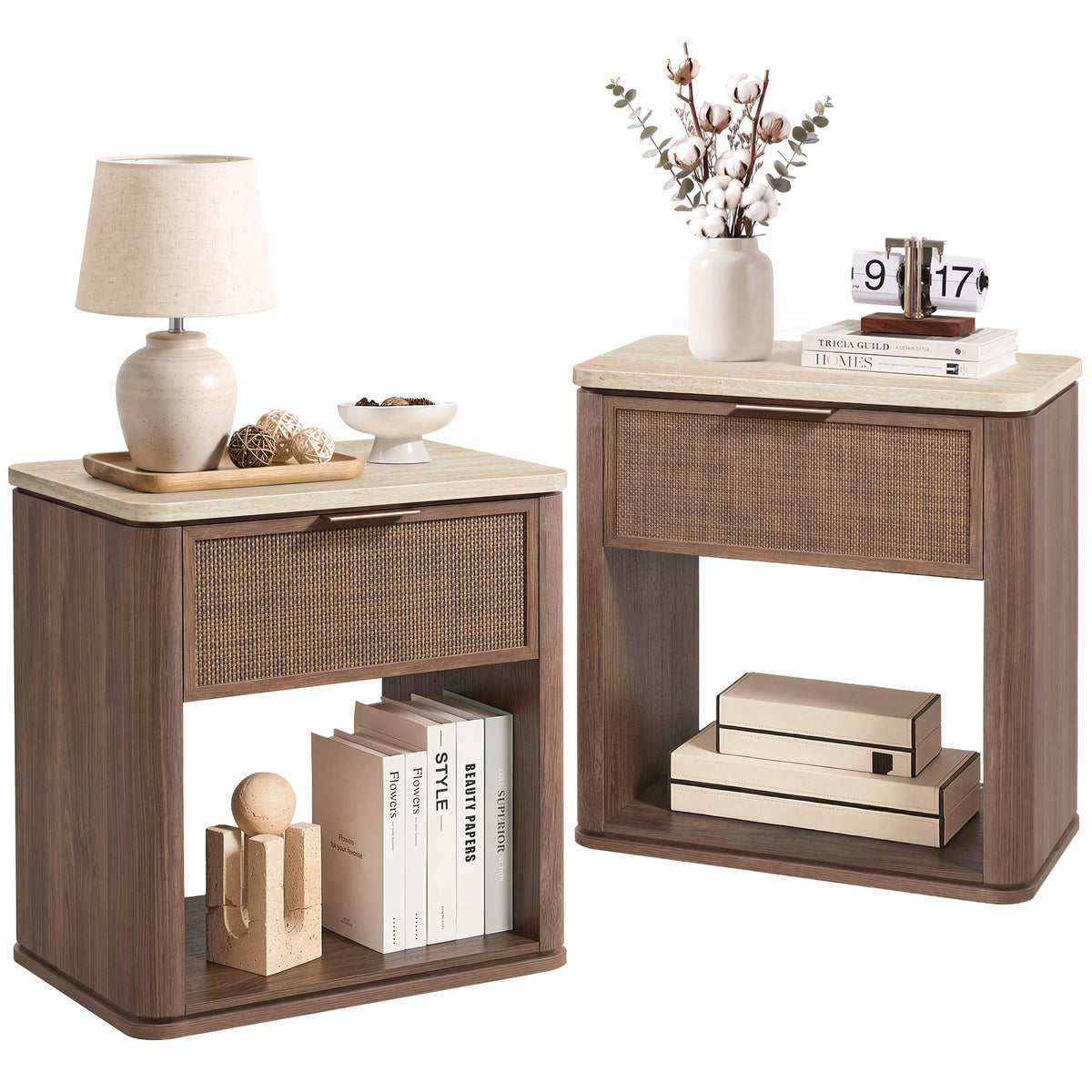 Night Stand Set 2, Rattan Nightstand with 2 Drawers