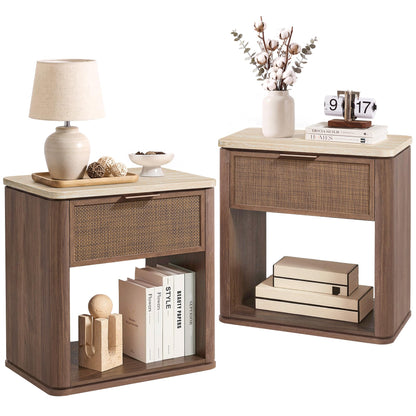 Night Stand Set 2, Rattan Nightstand with 2 Drawers