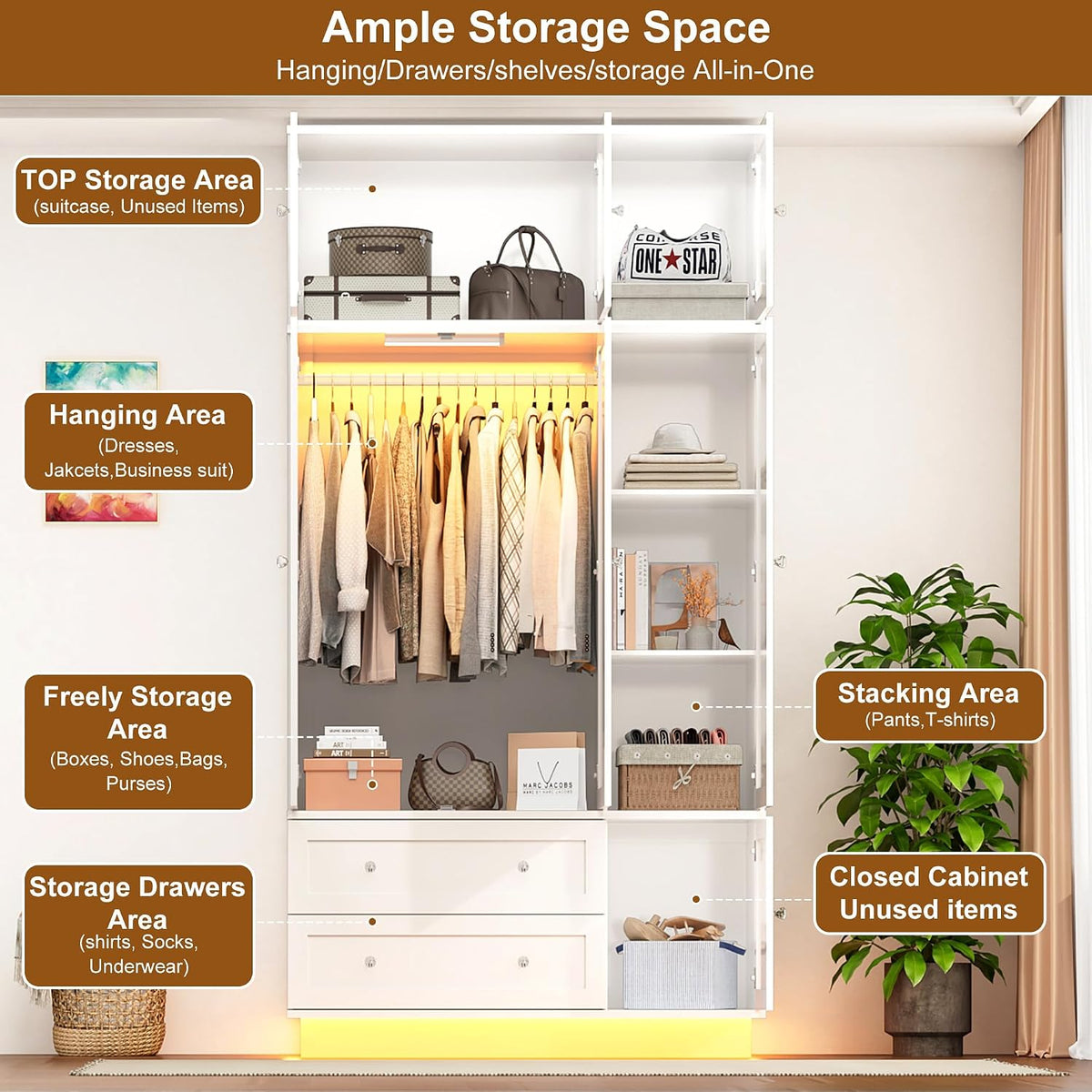 92.2" Tall Armoire Wardrobe Closet with Mirror & Motion Sensor Light, Large Storage Cabinet with 2 Drawers, Hanging Rod & Adjustable LED Strip, Anti-Tipping Wood Bedroom Furniture, 47.4"L, White
