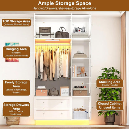 92.2" Tall Armoire Wardrobe Closet with Mirror & Motion Sensor Light, Large Storage Cabinet with 2 Drawers, Hanging Rod & Adjustable LED Strip, Anti-Tipping Wood Bedroom Furniture, 47.4"L, White