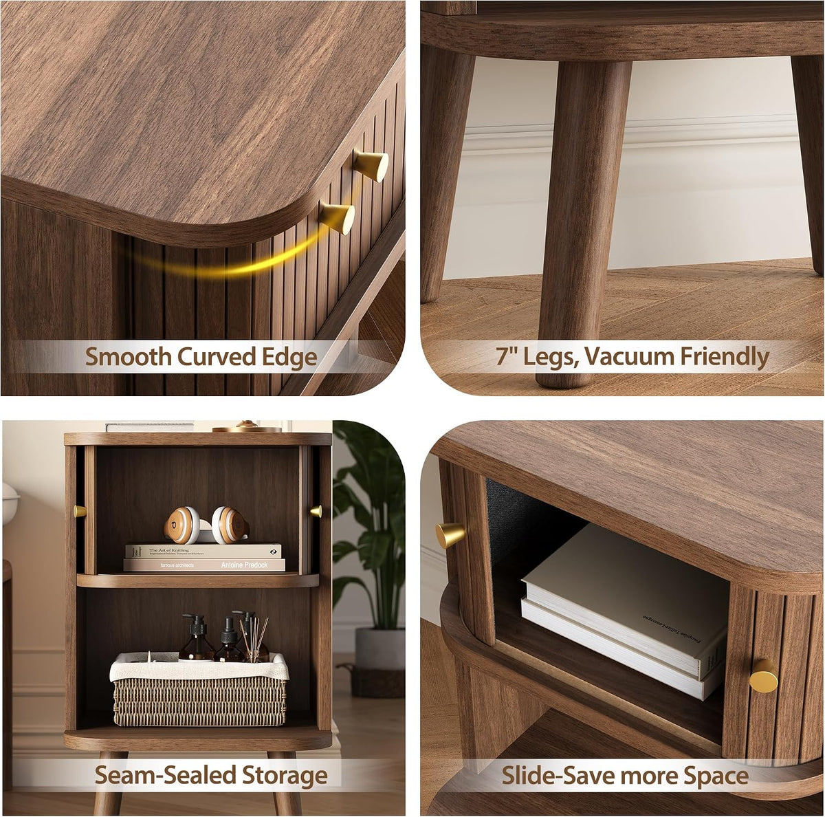 Decofy Fluted Nightstand Set of 2, Charging Station & Sliding Doors, Walnut