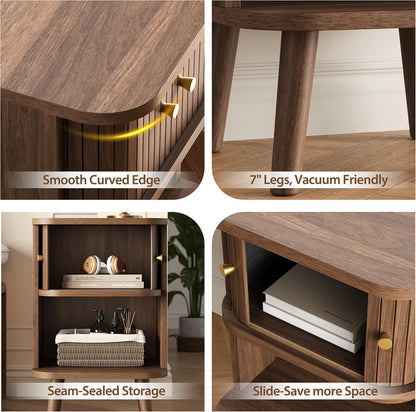 Decofy Fluted Nightstand Set of 2, Charging Station & Sliding Doors, Walnut