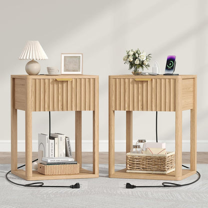 Akxomel Nightstand Set 2 with Charging Station Fluted Bedside Table Oak