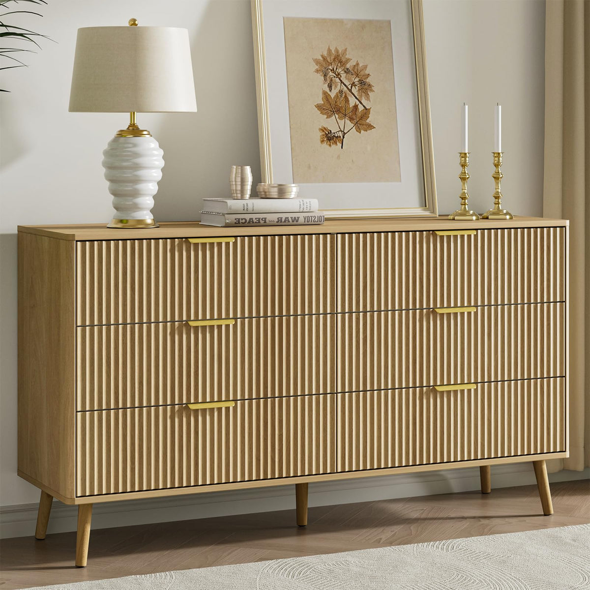LYNSOM 55" Wide Fluted Dresser for Bedroom with 6 Drawer, Modern Chest of Drawers with Curved Profile Design and Metal Handles, Wood Dresser TV Stand & Storage Organizer for Living Room, Walnut