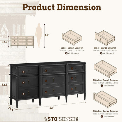 STO'SENSE 63" Wide 9 Drawer Dresser w/Charging Station, Long Wood Double Dresser with Framed Drawer Fronts, Vintage Metal Handles and Solid Wood Tapered Legs,Bedroom Storage Chest and TV Stand,Black