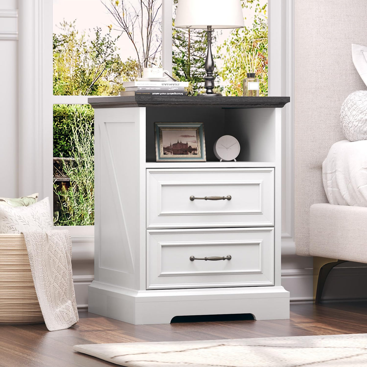 Black Nightstand Set of 2,24" Wide End Table with 3 Large Drawers & Metal Handles,Rustic Farmhouse Wood Small Dresser,Bedside Table,Modern Chest of Drawers for Bedroom,Living Room