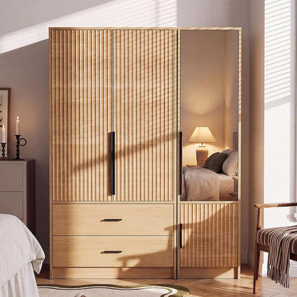 62.6"H Wooden Armoire Wardrobe Closet with Fluted Doors and Drawer, Natural