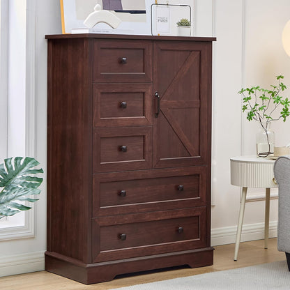SOOWERY Farmhouse Dresser for Bedroom, Tall Chest of Drawers, Dark Cherry
