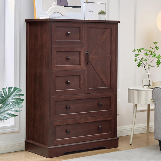 SOOWERY Farmhouse Dresser for Bedroom, Tall Chest of Drawers, Dark Cherry