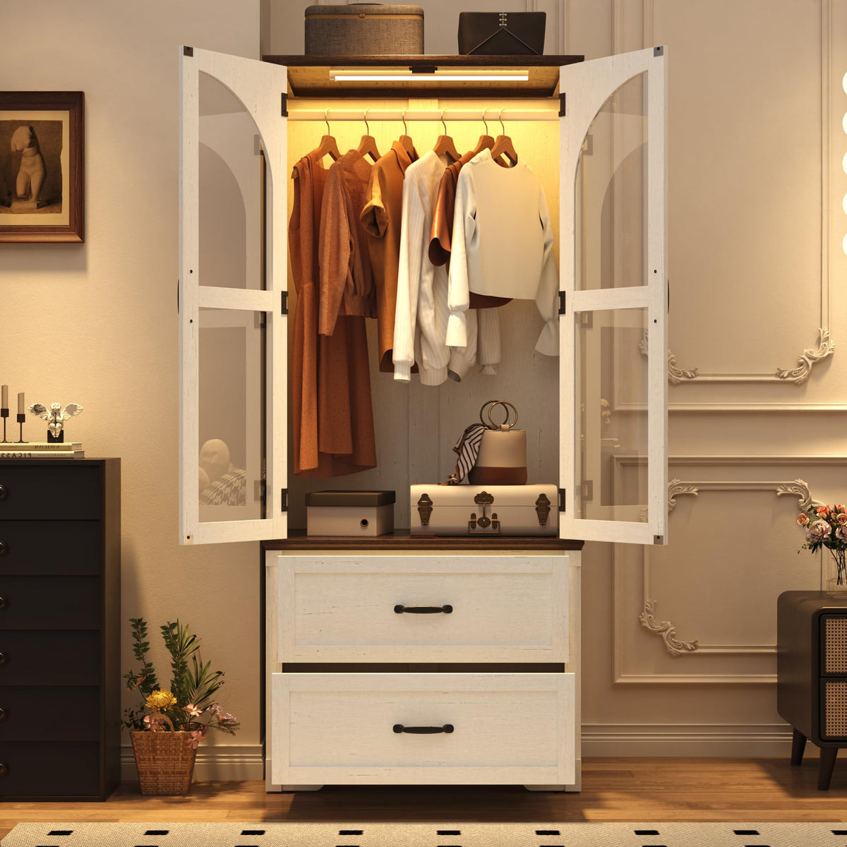 Tall Farmhouse 2 Doors Armoire Wardrobe Closet with LED ,72" Freestanding Arched Wardrobe Closet Cabinet for Bedroom w Glass Doors,Wooden Clothing Storage Cabinet,Closets for Bedroom(Black)