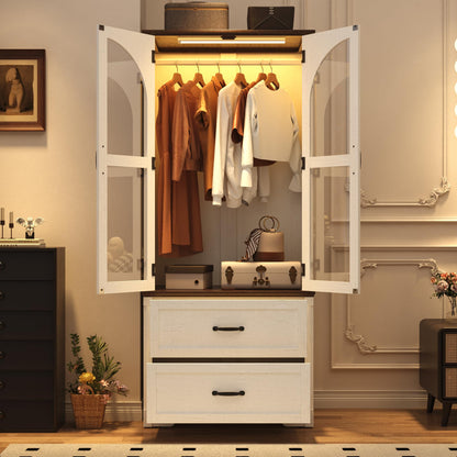 Tall Farmhouse 2 Doors Armoire Wardrobe Closet with LED ,72" Freestanding Arched Wardrobe Closet Cabinet for Bedroom w Glass Doors,Wooden Clothing Storage Cabinet,Closets for Bedroom(Black)