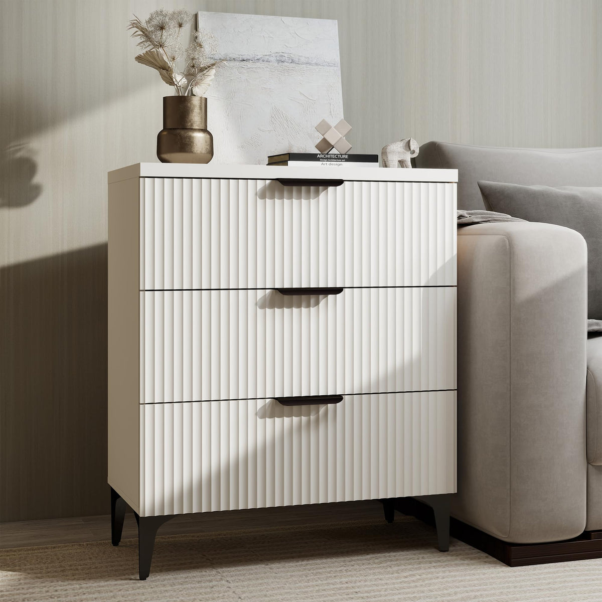 Wood Nightstand Set of 2, Fluted Bedside Tables with 2 Drawers