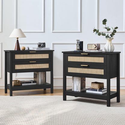 LEYAOYAO 26.8" Wide Rattan Nightstand, Large Boho 3 Drawer Night Stand