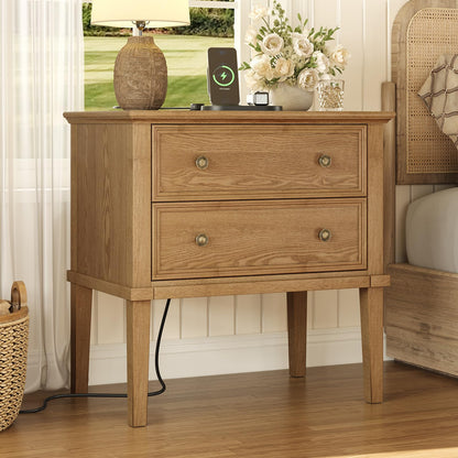 IKENO Solid Wood Nightstand with Charging Station, Farmhouse End Table with 2 Solid Wood Drawers, Farmhouse Style Side Table, Suitable for Bedroom, Teak