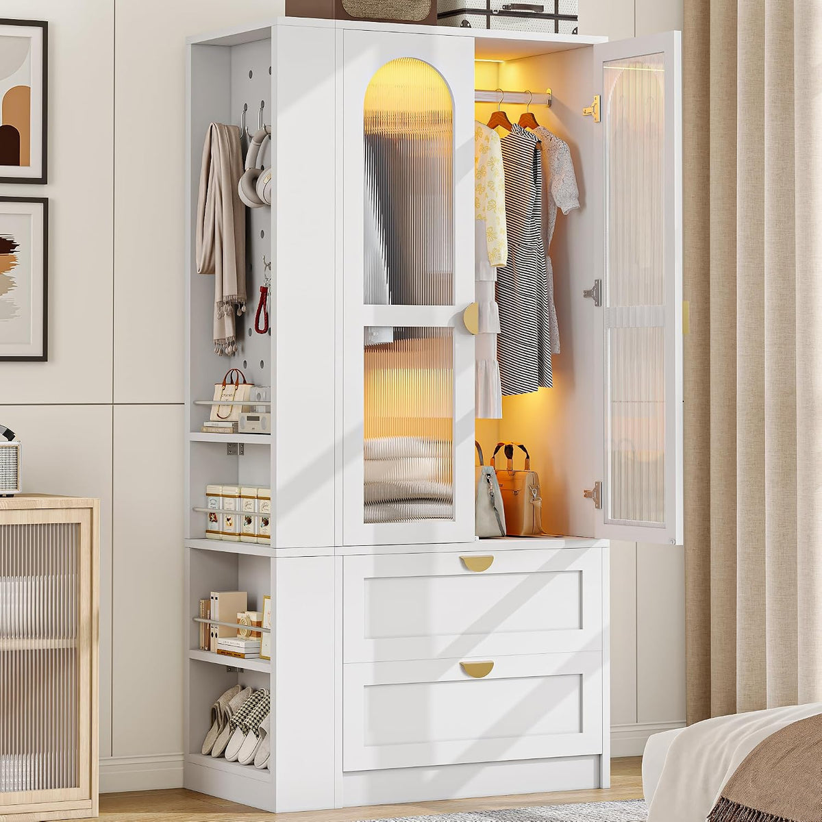 iPormis Armoire Wardrobe Closet with LED Lights & 2 Drawers, 71" Tall Clothing Storage Cabinet with Removable Hanging Rod, 4 Shelves & Pegboard Organizer, Large Capacity Bedroom Storage Cabinet, White
