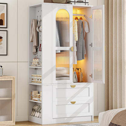 iPormis Armoire Wardrobe Closet with LED Lights & 2 Drawers, 71" Tall Clothing Storage Cabinet with Removable Hanging Rod, 4 Shelves & Pegboard Organizer, Large Capacity Bedroom Storage Cabinet, White