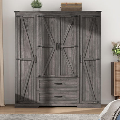 Hlivelood 4 Doors Wardrobe Armoire Closet with Doors and Drawers, Farmhouse Wooden Armoire Storage Cabinet with Shelves & Hanging Rod for Bedroom, Grey