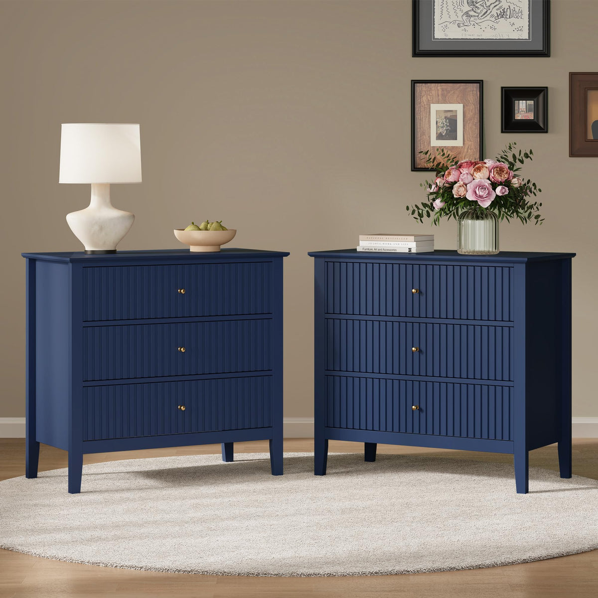 RoyalCraft 32" Large Nightstand Set of 2, Fluted Painted Bedside Table with 3 Spacious Drawers, Modern Tall End Table for Bedroom, Beige