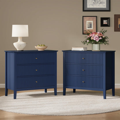 RoyalCraft 32" Large Nightstand Set of 2, Fluted Painted Bedside Table with 3 Spacious Drawers, Modern Tall End Table for Bedroom, Beige