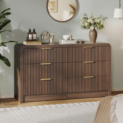 Decofy 47" W Fluted 6-Drawer Dresser for Bedroom, Walnut