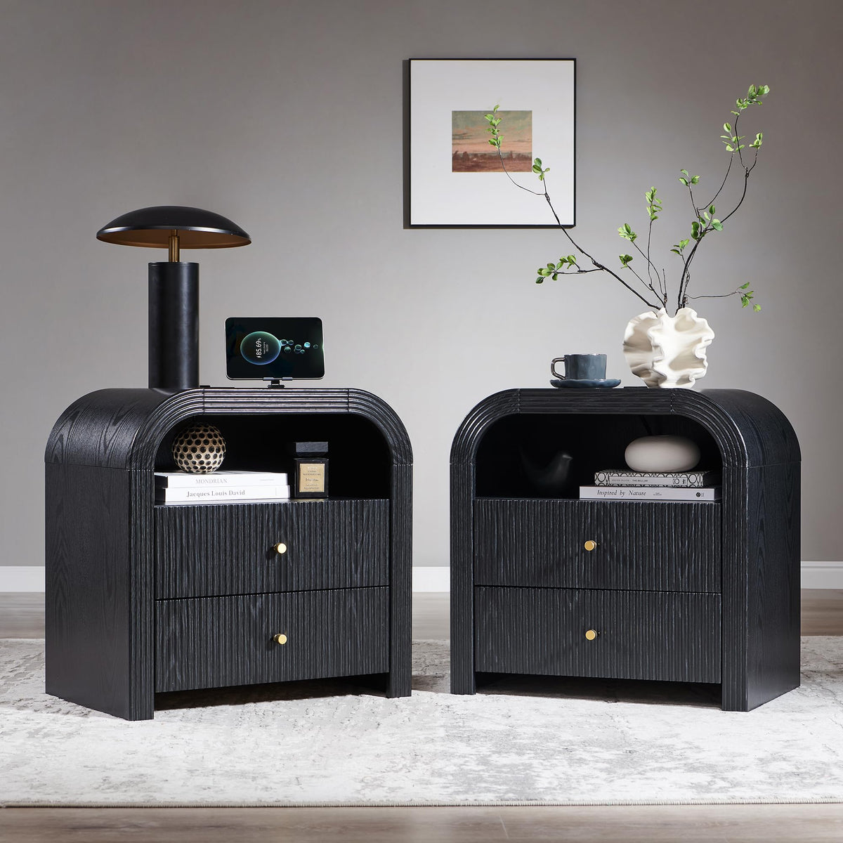 T4TREAM 24" Fluted Nightstand Set of 2 with Charging Station, Dark Walnut